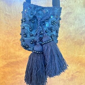 Black Bolsos Recamada Pouch/Bag w Detailed Beads & Tassels Handmade in Columbia